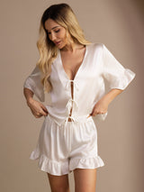 [Valkoinen] SilkSilky-FI Short Sleeve V Neck Naisten Pyjamat 003