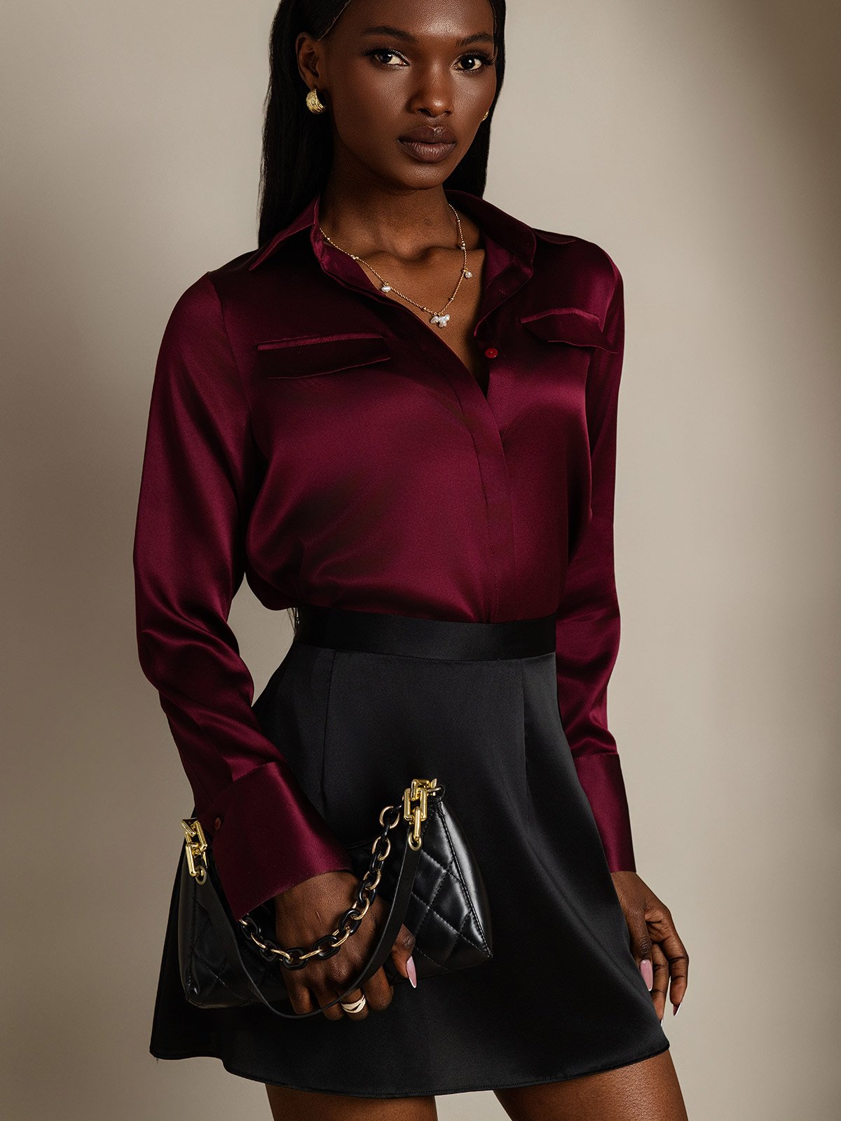SilkSilky-FI 19Momme Womens Shirt Tummanpunainen 005