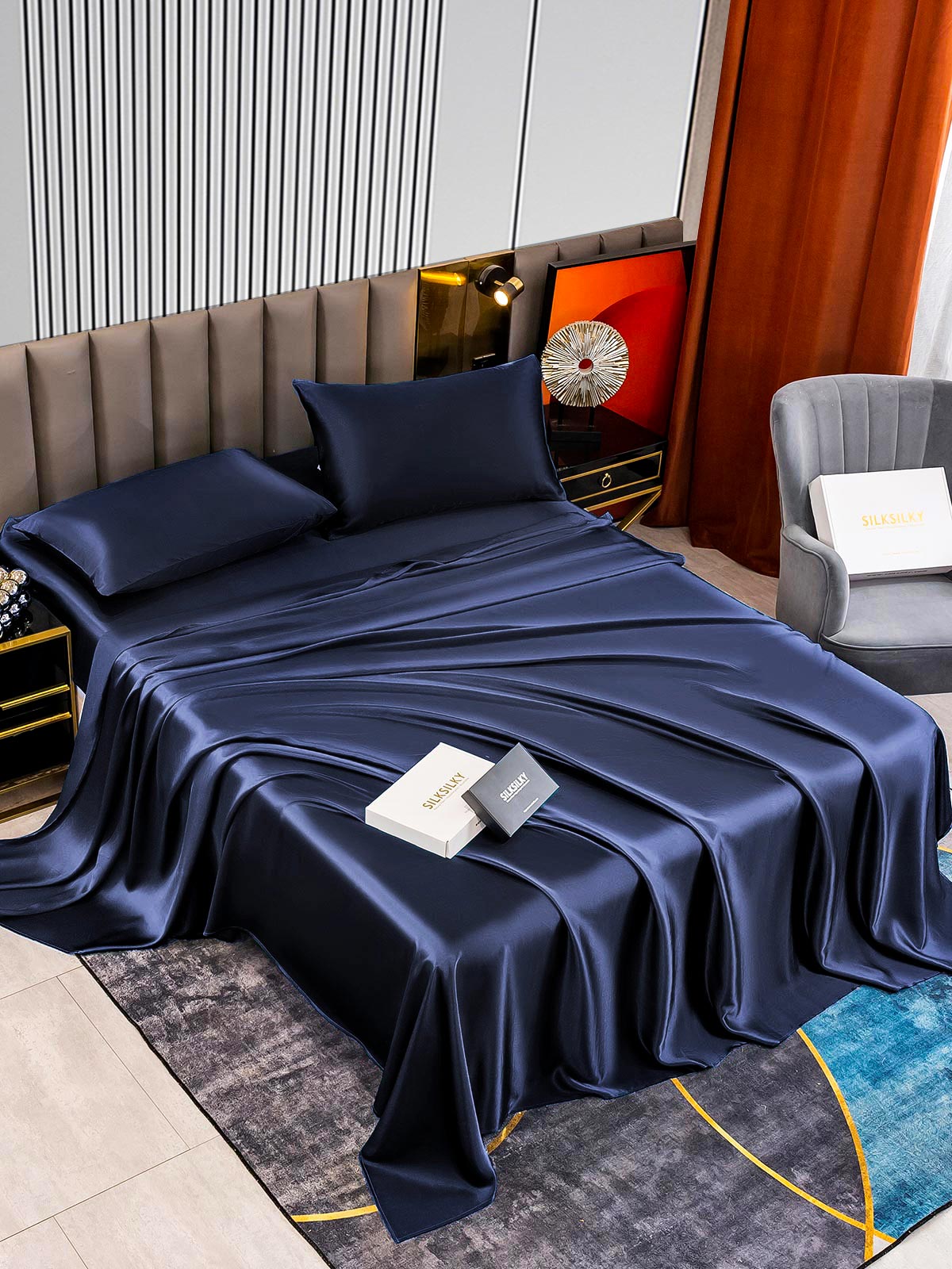 [Tummansininen] SilkSilky-FI 22Momme Bedding Set 002