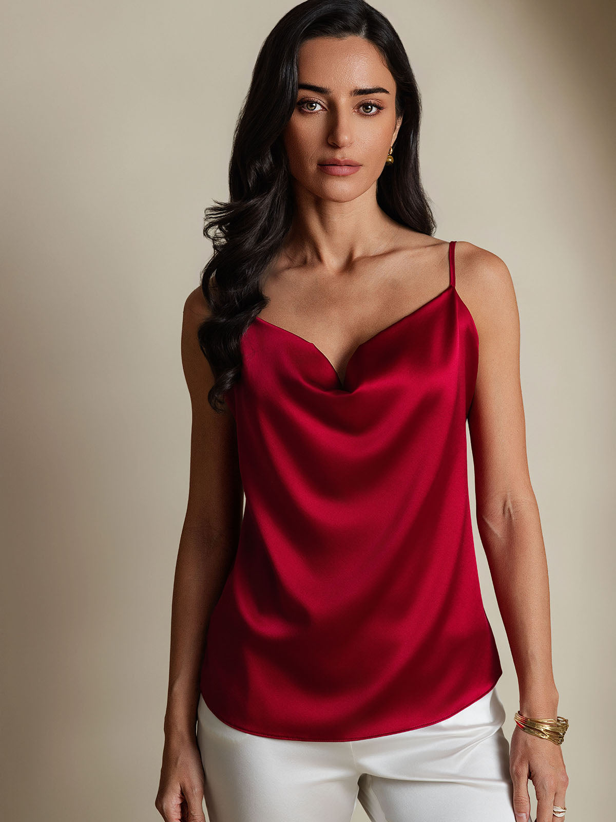 [Viini] SilkSilky-FI Spaghetti Strap Cowl Neck Camisole Top 001