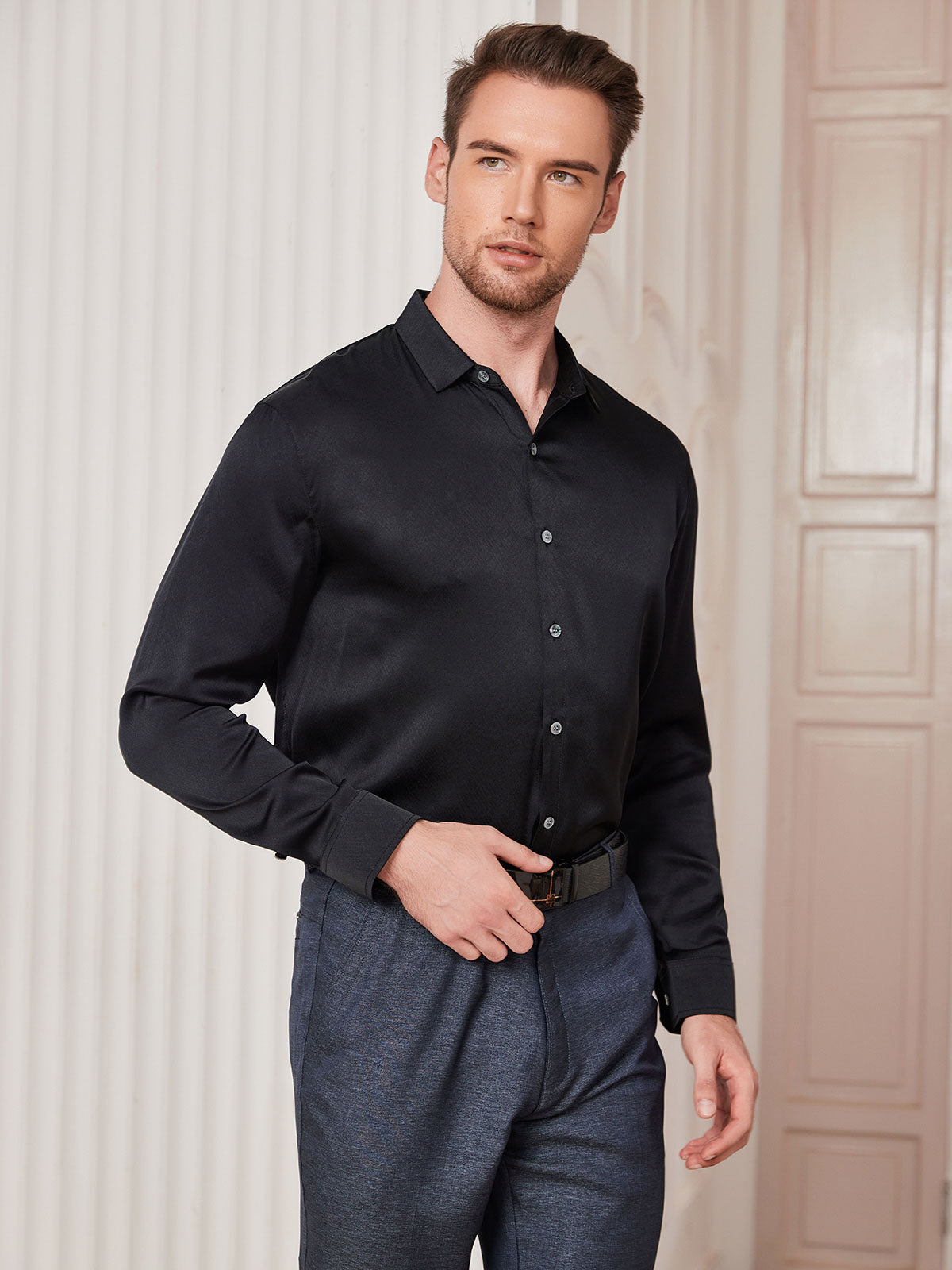 [Musta] SilkSilky-FI Silk Long Sleeve Collar Miesten Paita 004