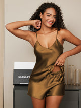 [Kahvi] SilkSilky-FI Spaghetti Strap V Neck Camisole Setti 001