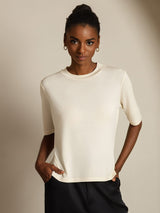 [Beige] SilkSilky-FI Half Sleeve Crew Neck Naisten T-paita 003