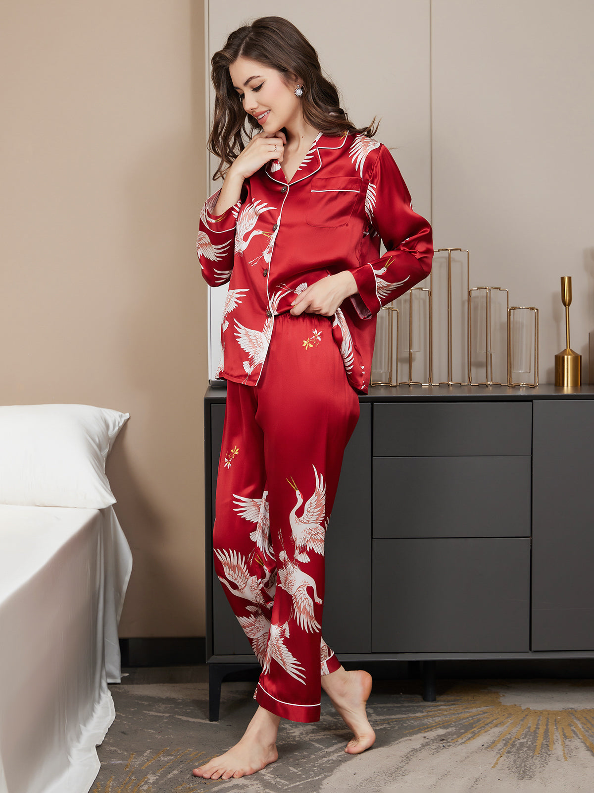 [Tummanpunainen] SilkSilky-FI 19Momme Pure Silk Long Sleeve Lapel Naisten Pyjamat 004