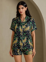 [Musta Servaali] SilkSilky-FI Short Sleeve Notch Collar Naisten Pyjamat 001