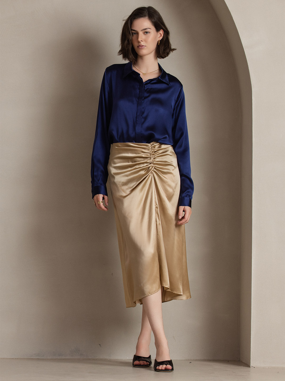 [Tummansininen] SilkSilky-FI 19Momme Lapel Collar Naisten paita 004