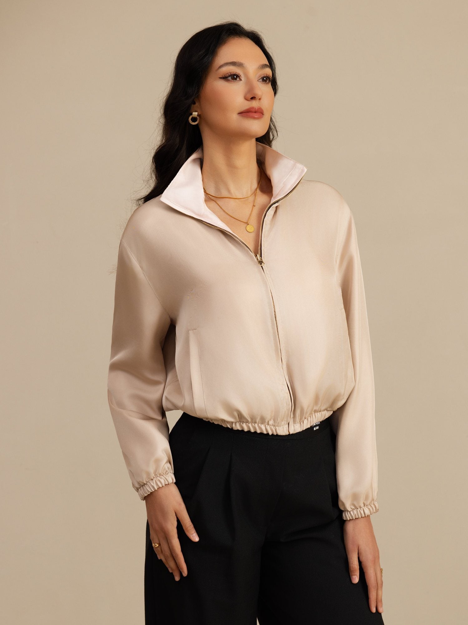 [Tan+Pinkki] SilkSilky-FI 18Momme Pitkähihainen Pystykaulus Naisten Päällysvaatteet 003