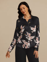 [Musta] SilkSilky-FI Long Sleeve Lapel Collar Naisten paita 006