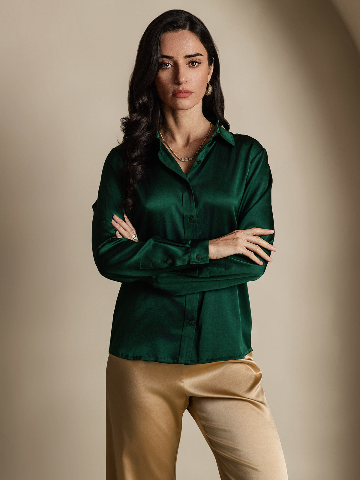 [Tummanvihreä] SilkSilky-FI 19Momme Silk Long Sleeve Collar Naisten paita 005