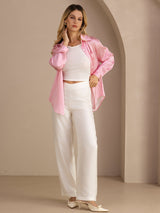 [Vaaleanpunainen Liituraita] SilkSilky-FI Long Sleeve Lapel Collar Naisten paita 007