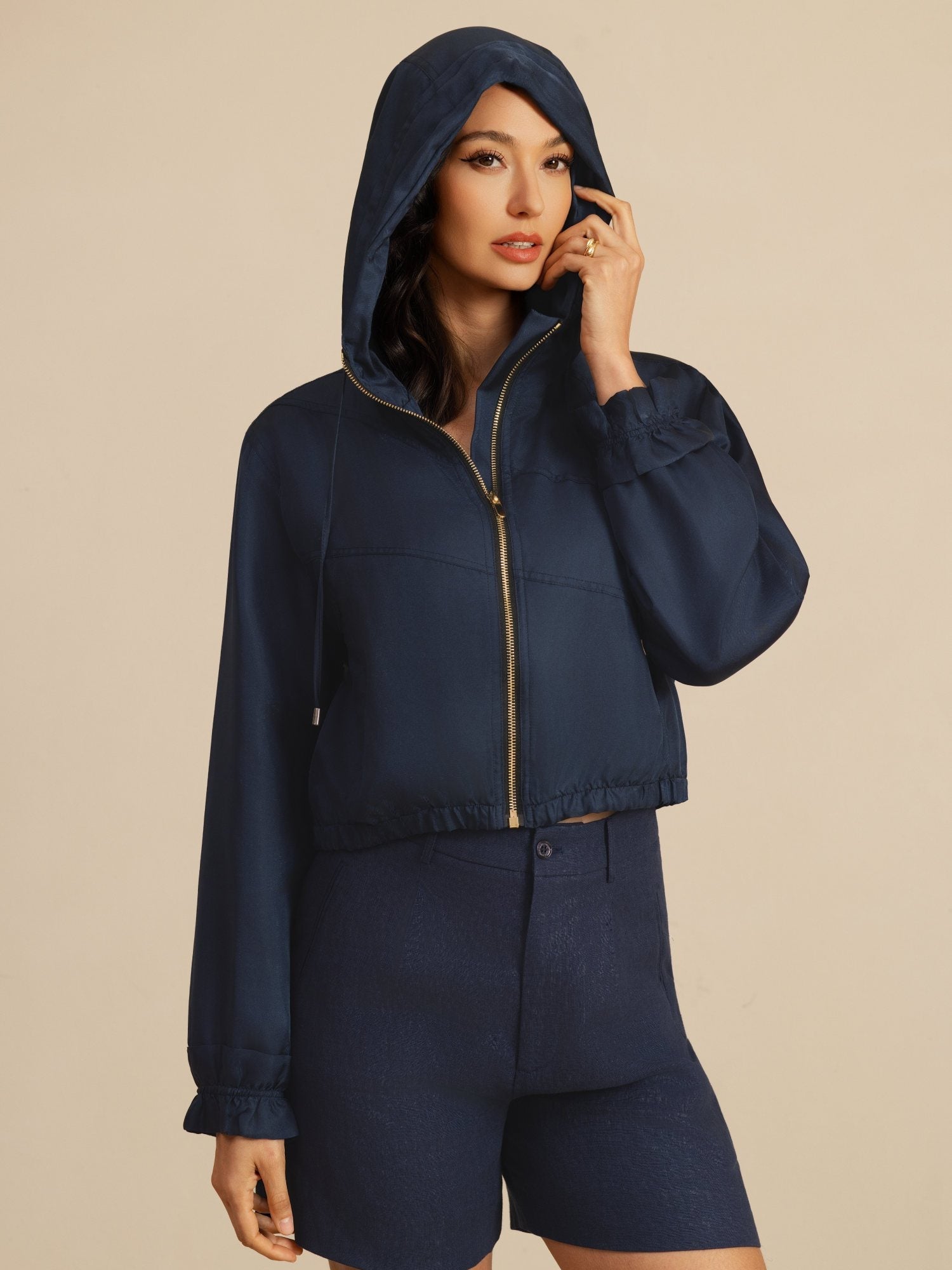 [Tummansininen] SilkSilky-FI 18Momme Pitkähihainen Korkea Kaulus Naisten Päällysvaatteet 005