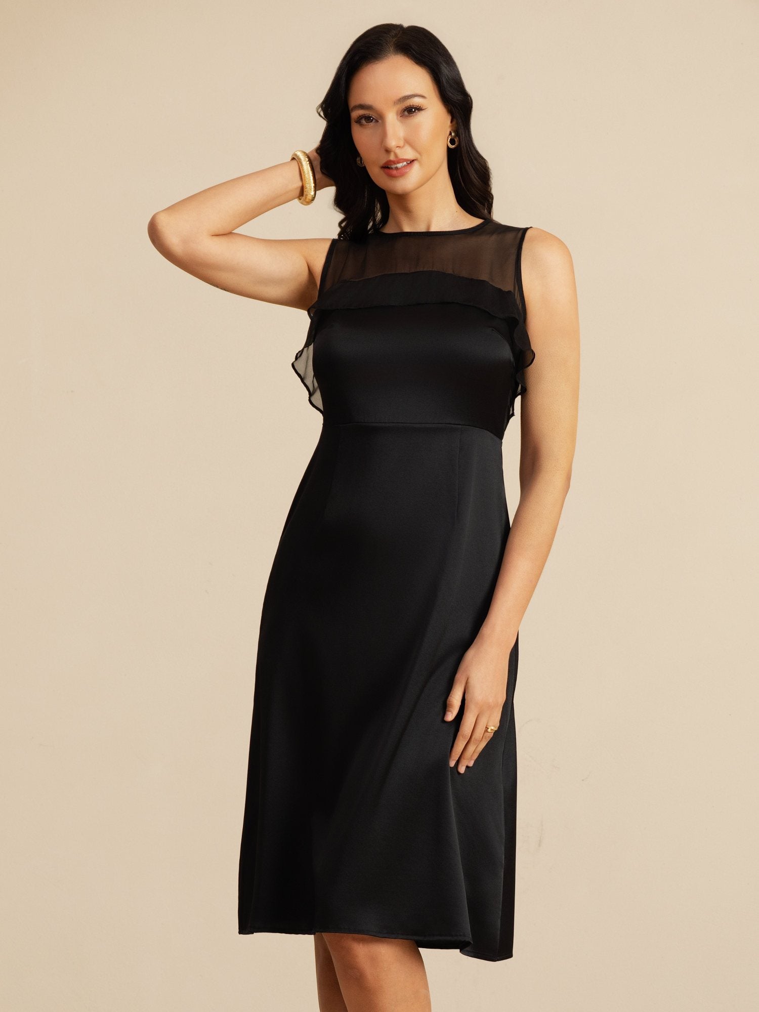 [Musta] SilkSilky-FI 19Momme Sleeveless Illusion Neck Mekko 003