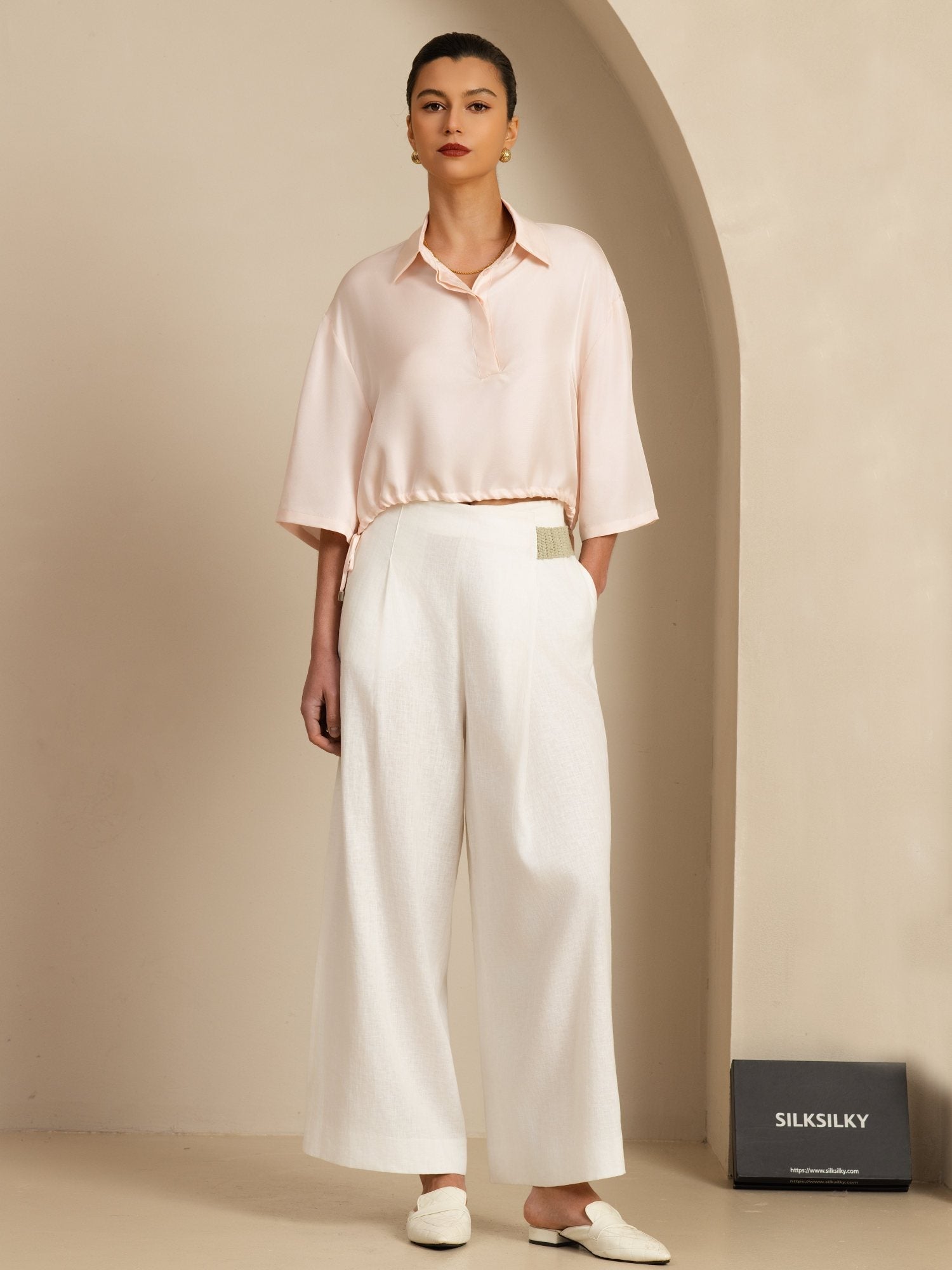 [Pinkki] SilkSilky-FI 18Momme Puolihiha Kauluskäänne Pusero 007