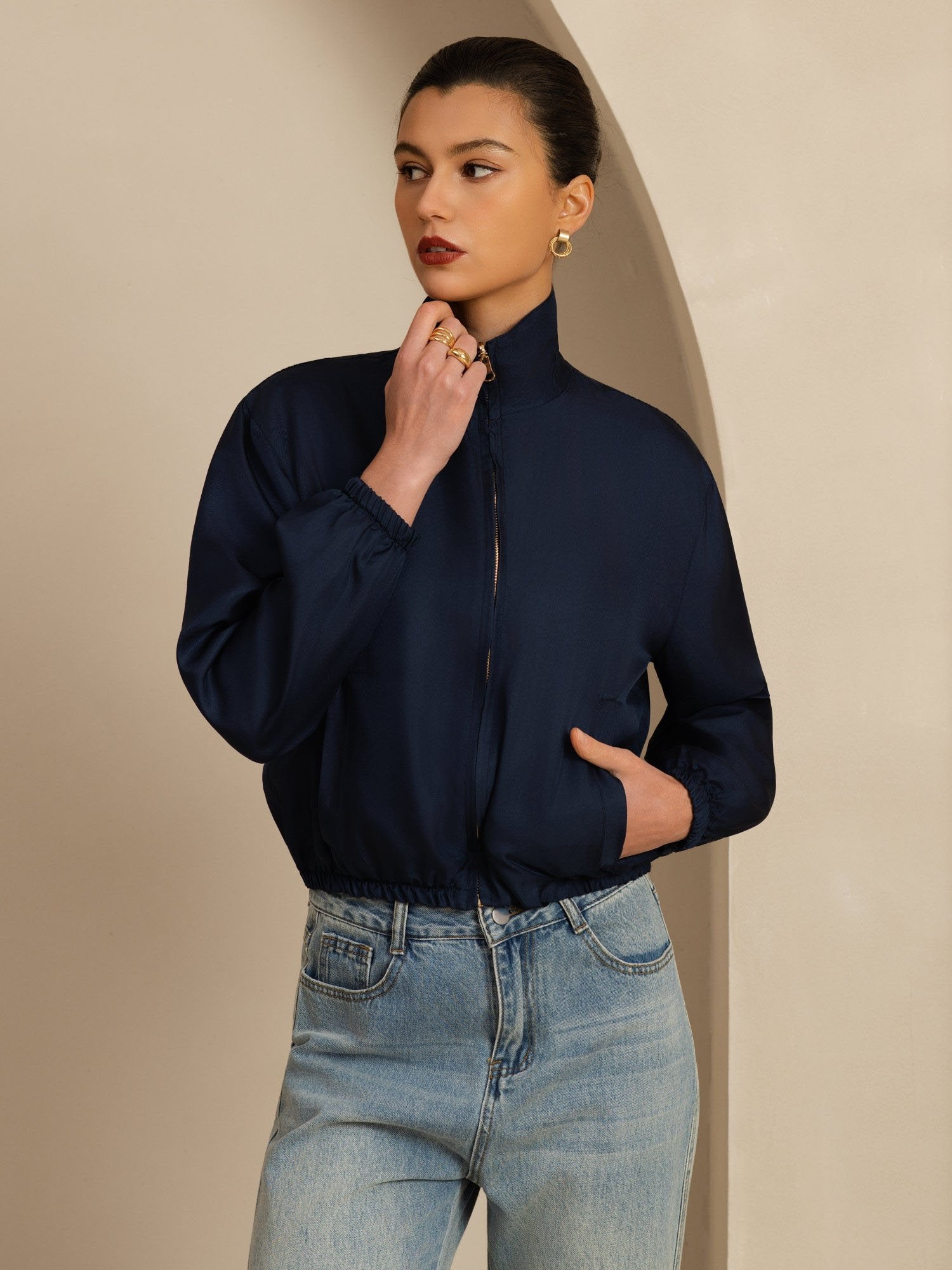 [Musta+Tummansininen] SilkSilky-FI 18Momme Pitkähihainen Pystykaulus Naisten Päällysvaatteet 003