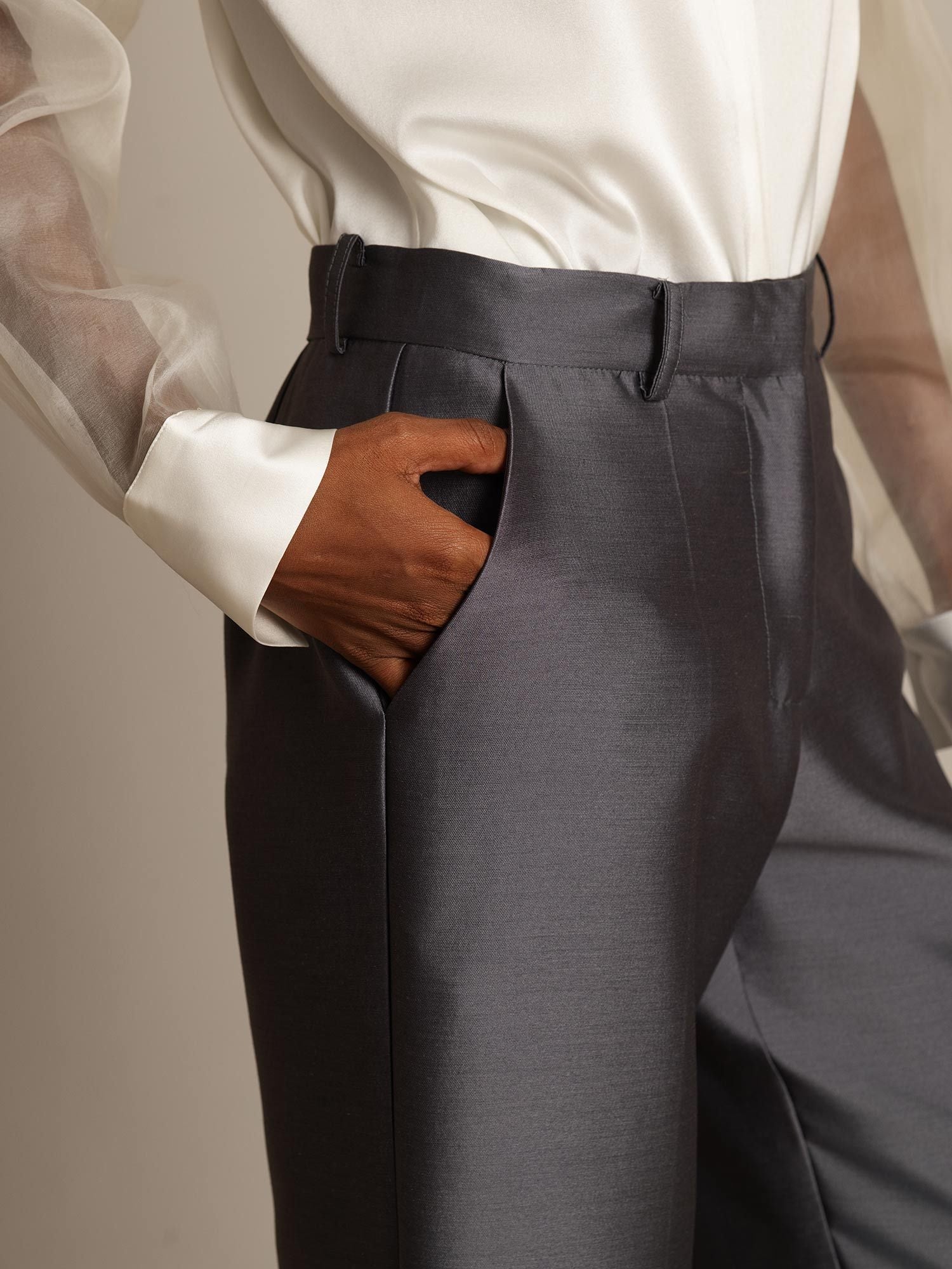 [Harmaa] SilkSilky-FI 32Momme Silk-Wool Blend Womens Pants 004,