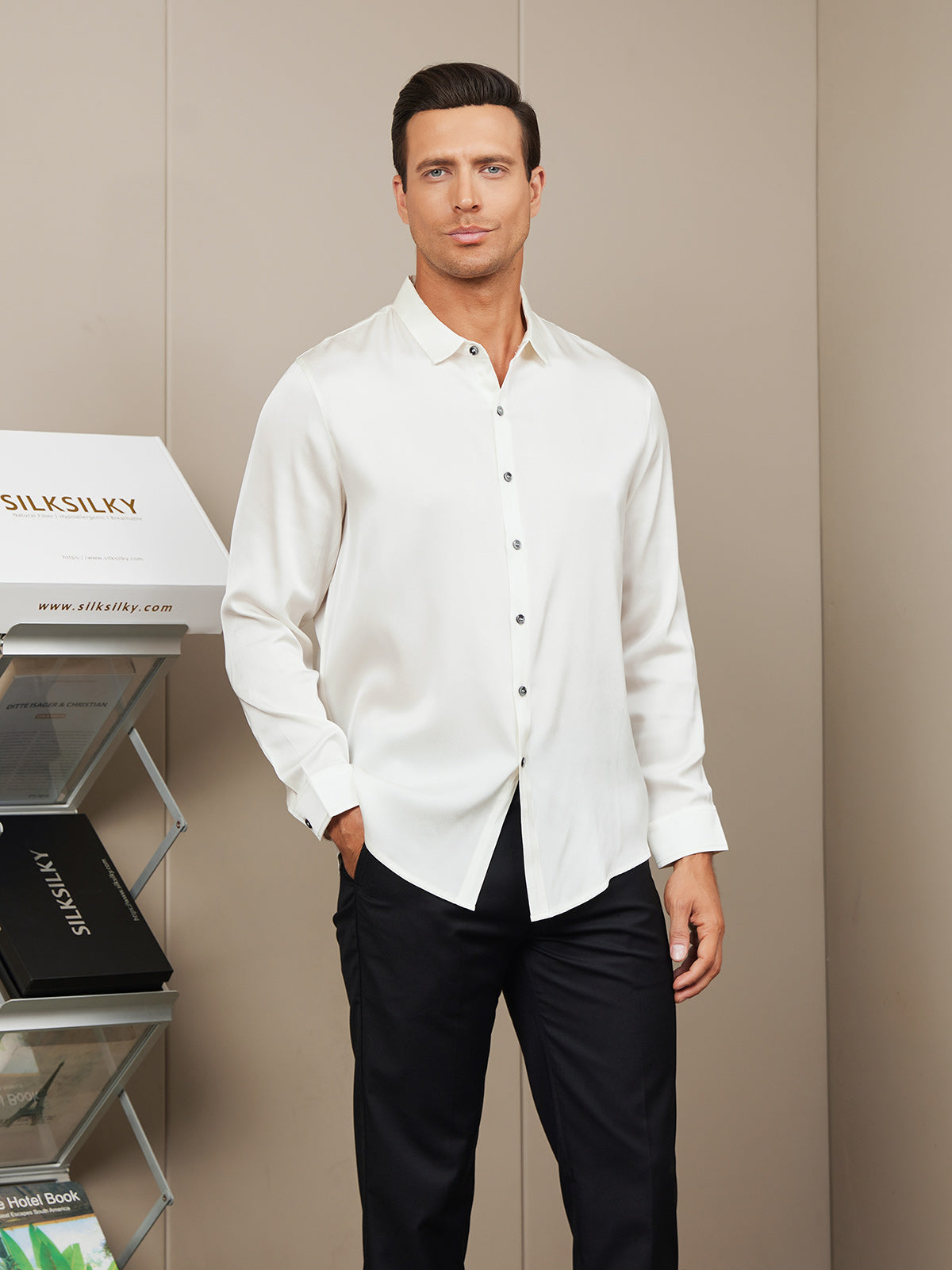 [Valkoinen] SilkSilky-FI Silk Long Sleeve Collar Miesten Paita 001