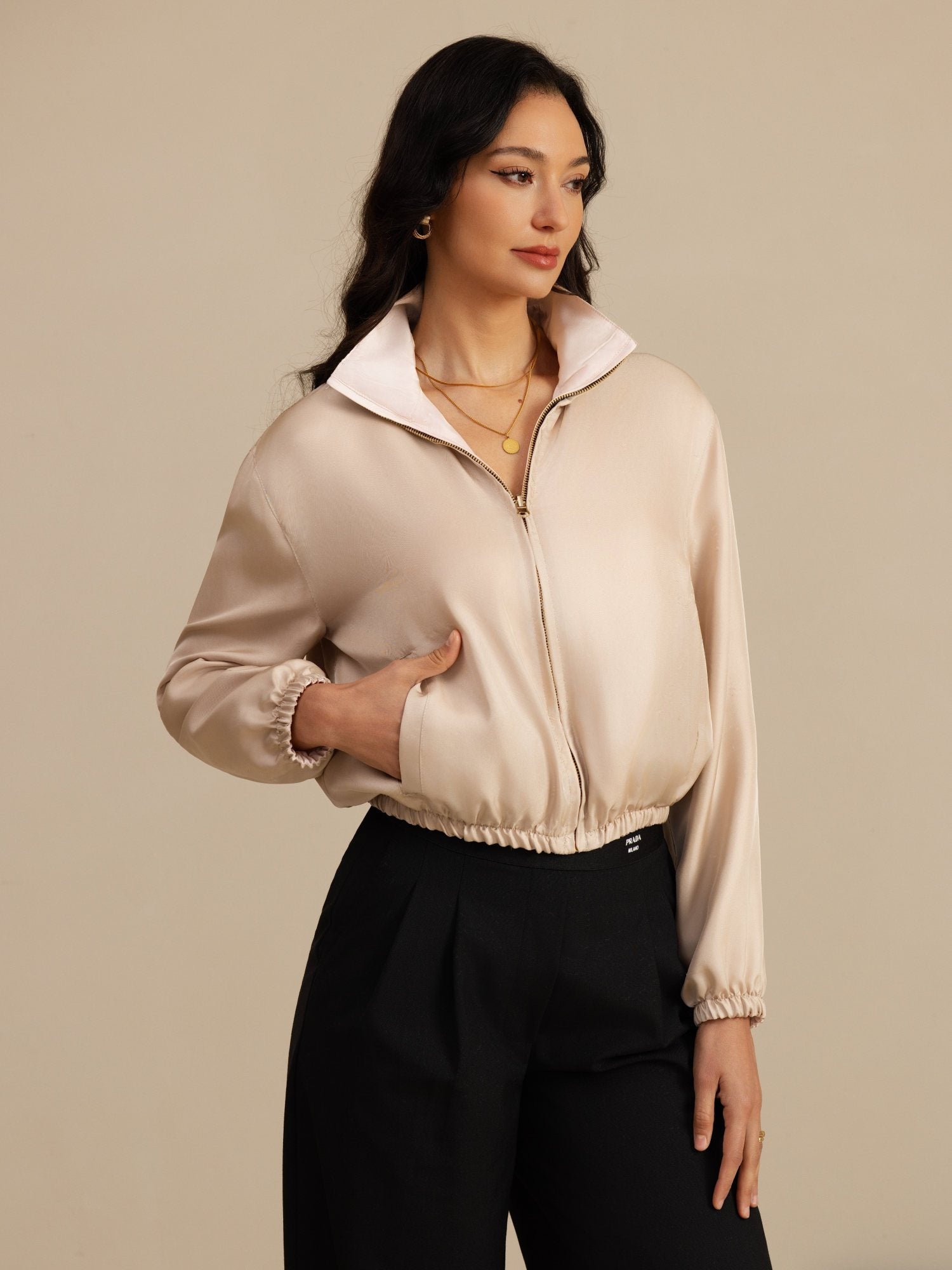 [Tan+Pinkki] SilkSilky-FI 18Momme Pitkähihainen Pystykaulus Naisten Päällysvaatteet 001