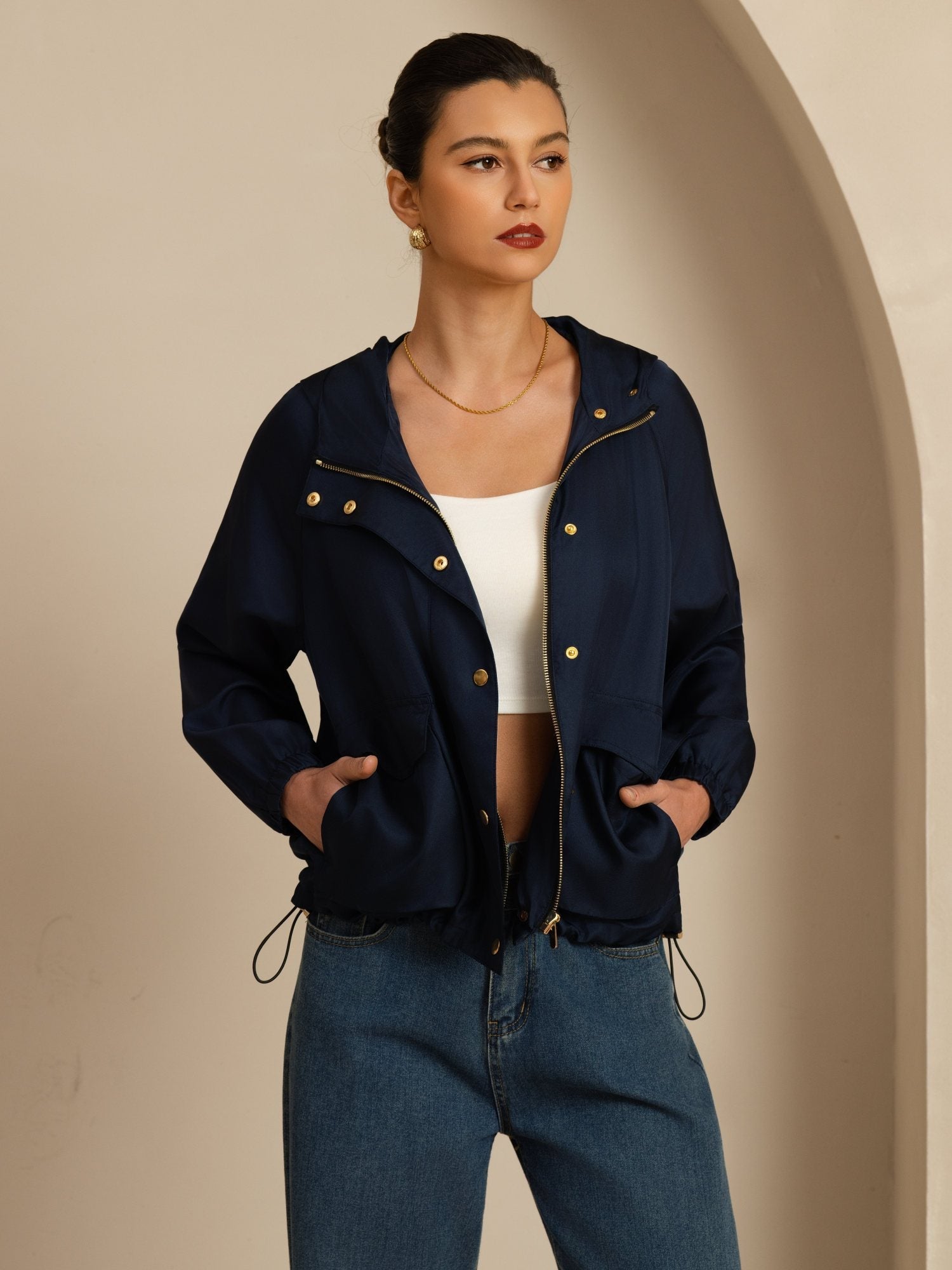 [Tummansininen] SilkSilky-FI Pitkähihainen Korkea Kaulus Naisten Päällysvaatteet 001