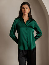 [Tummanvihreä] SilkSilky-FI Long Sleeve Lapel Collar Naisten paita 006