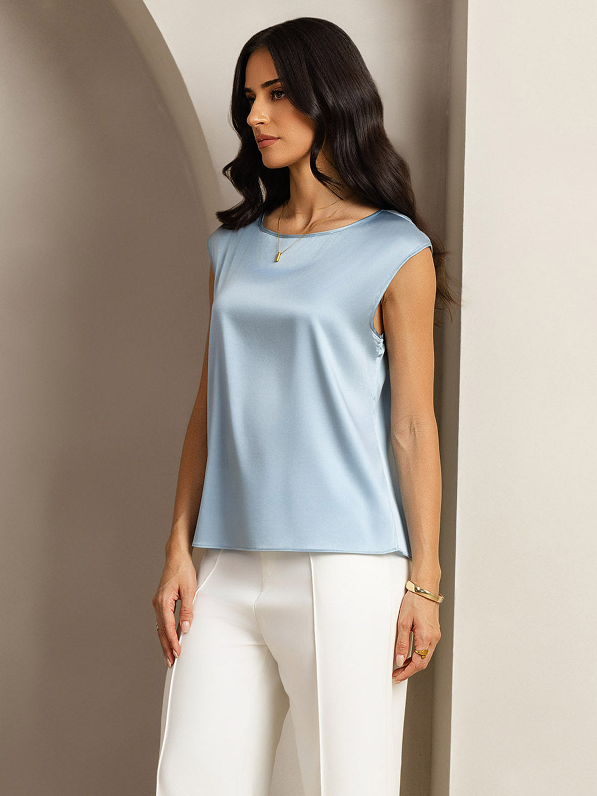 [Harmaansininen] SilkSilky-FI 19Momme Womens T-Shirt 005