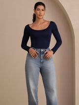 [Tummansininen] SilkSilky-FI Long Sleeve U kaula Naisten T-paita 004