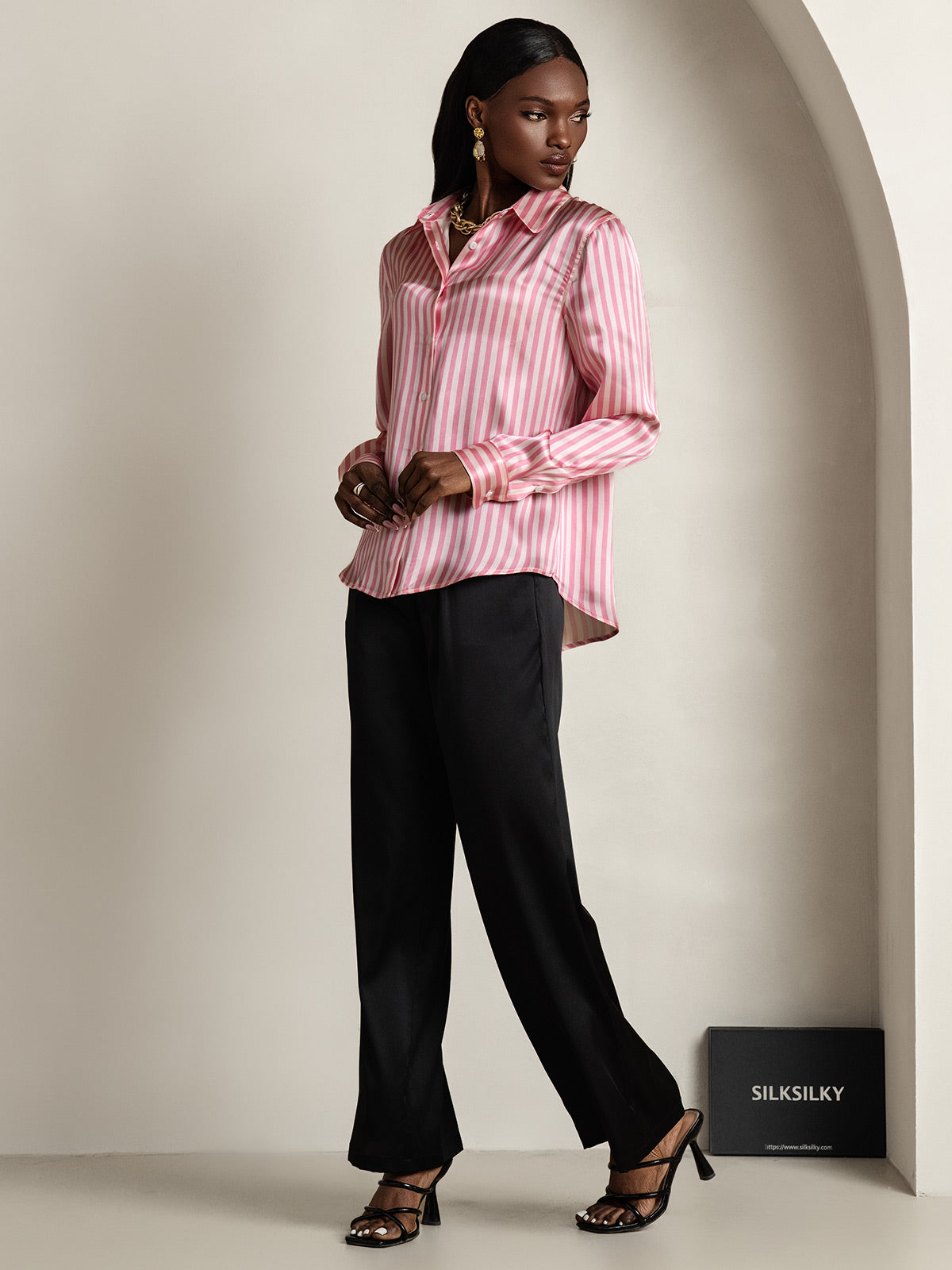 [Pinkki] SilkSilky-FI Lapel Collar Naisten paita 007