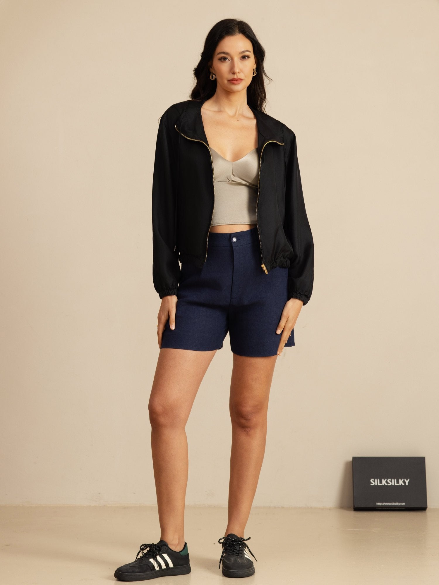 [Musta] SilkSilky-FI 18Momme Pitkähihainen Pystykaulus Naisten Päällysvaatteet 006