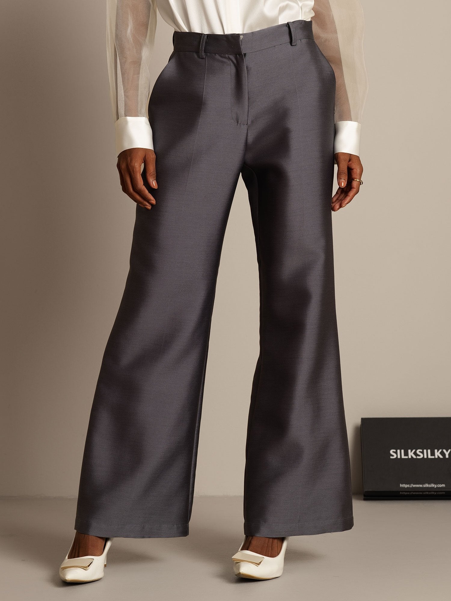 [Harmaa] SilkSilky-FI 32Momme Silk-Wool Blend Womens Pants 005,