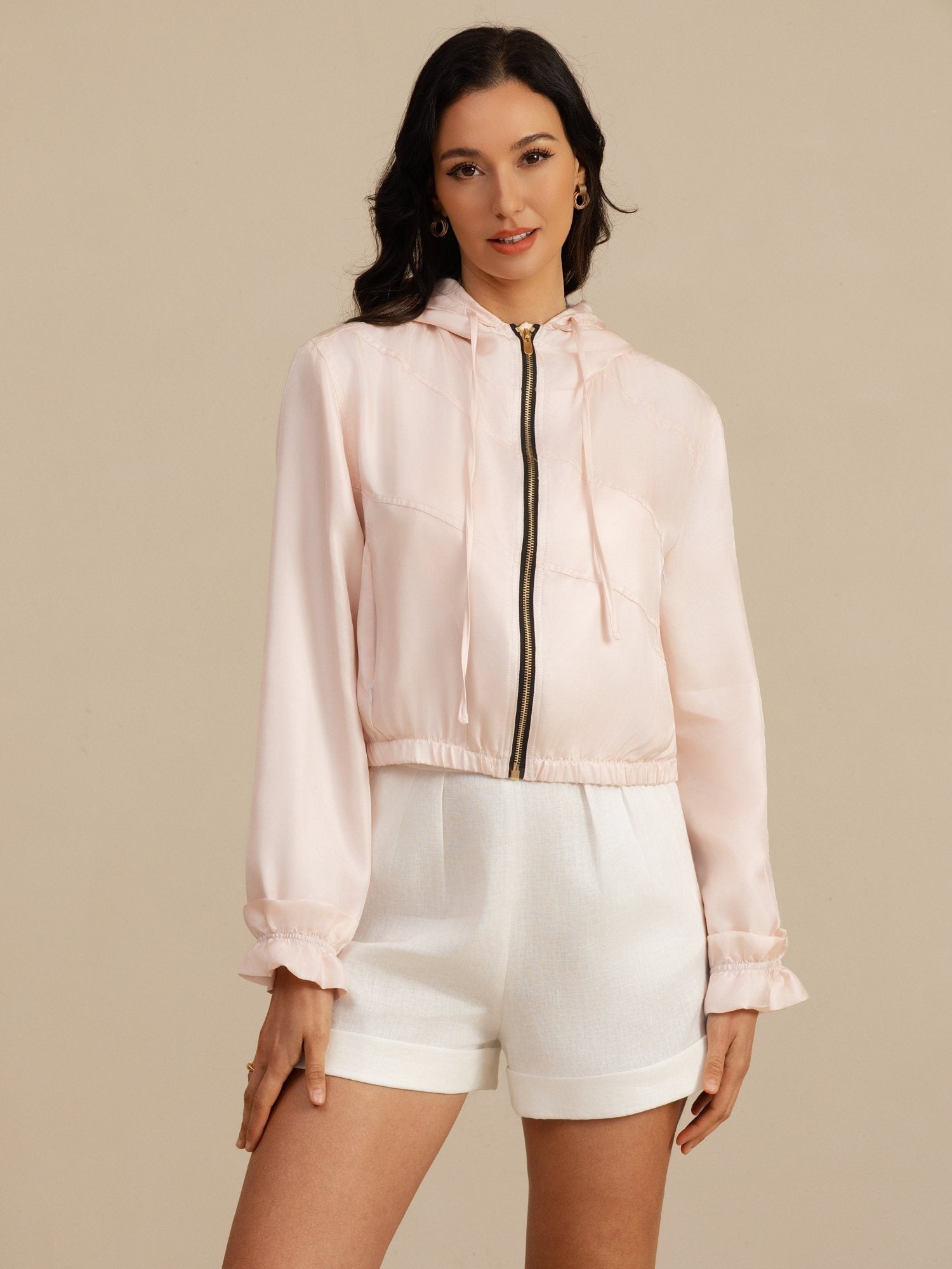 [Pinkki] SilkSilky-FI 18Momme Pitkähihainen Korkea Kaulus Naisten Päällysvaatteet 007