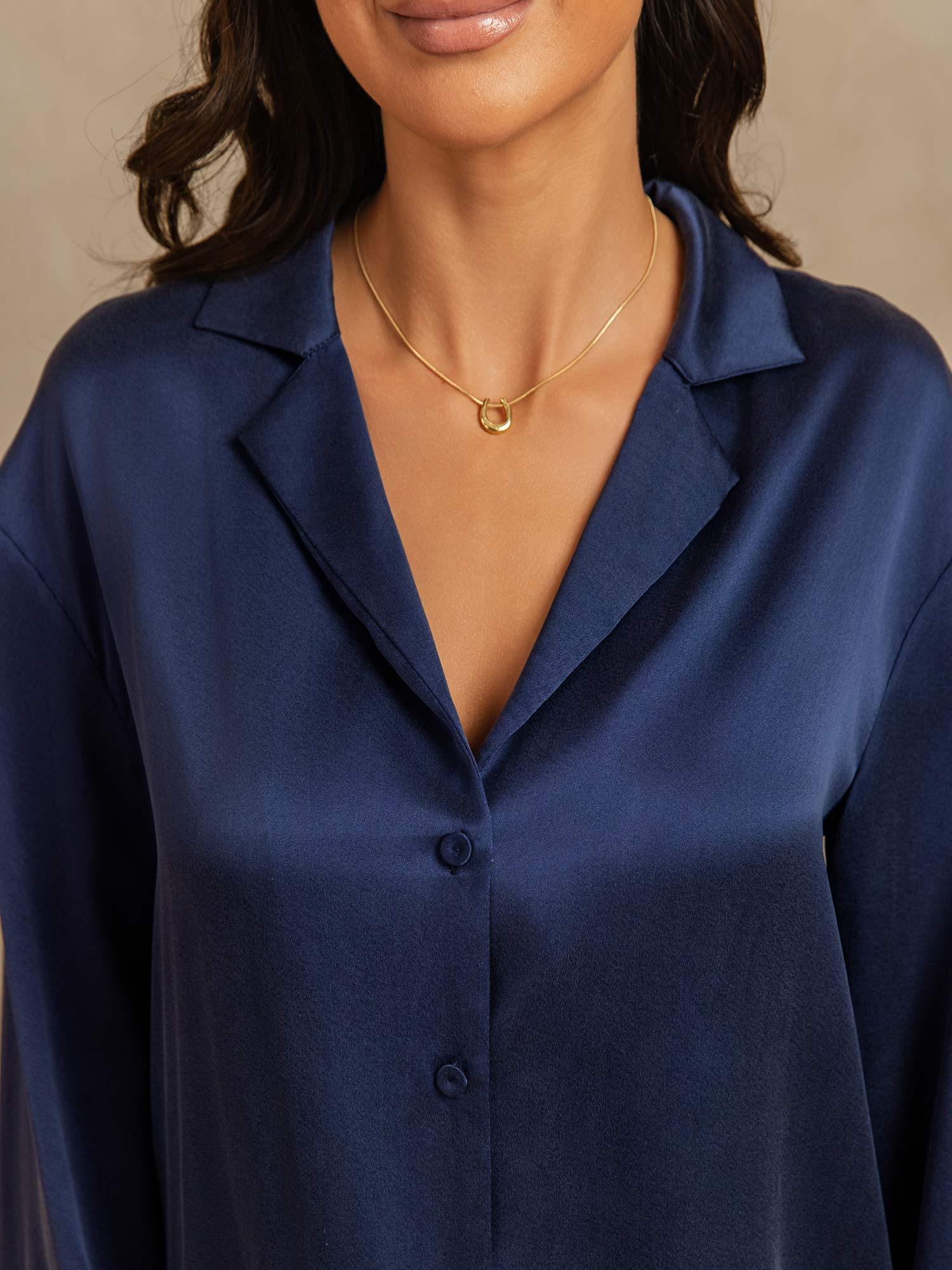 [Tummansininen] SilkSilky-FI 19Momme Womens Pajamas 004