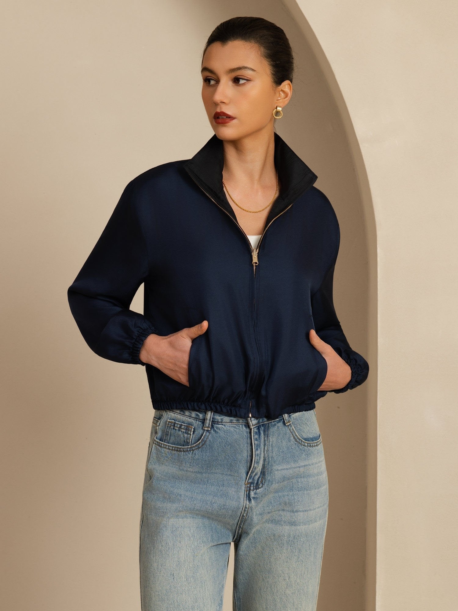 [Musta+Tummansininen] SilkSilky-FI 18Momme Pitkähihainen Pystykaulus Naisten Päällysvaatteet 001