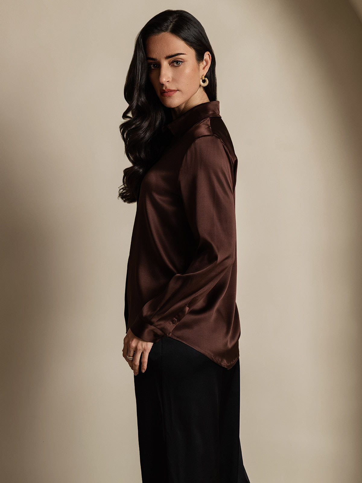 [Kahvi] SilkSilky-FI 19Momme Silk Long Sleeve Collar Naisten paita 004
