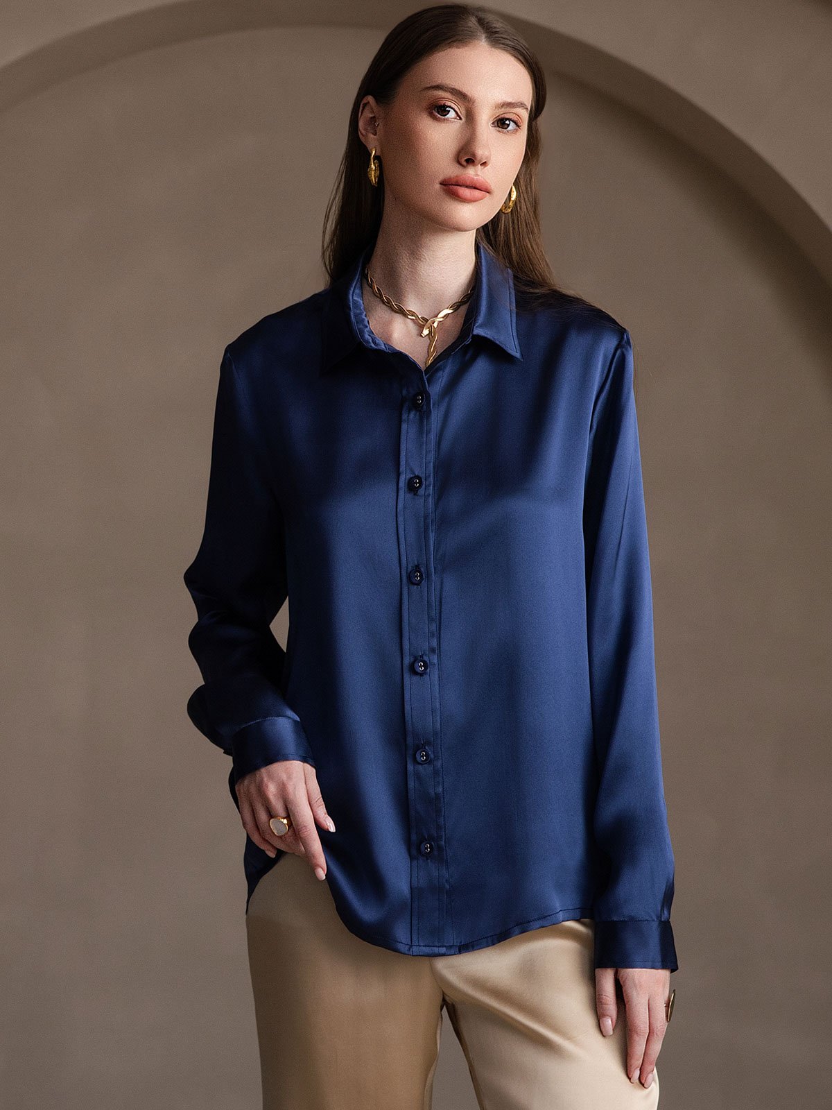 [Tummansininen] SilkSilky-FI 19Momme Silk Long Sleeve Collar Naisten paita 004