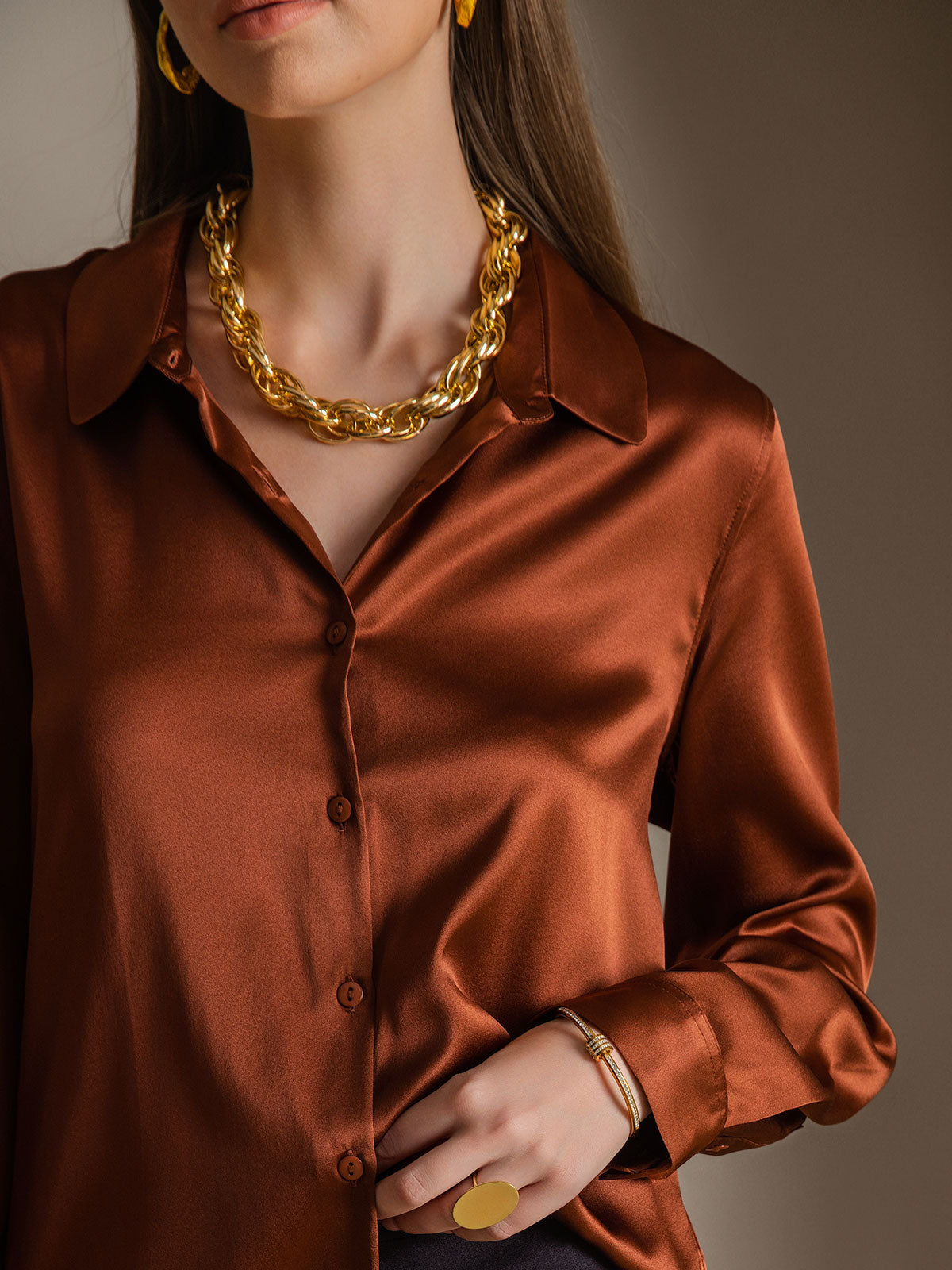 [Kahvi] SilkSilky-FI Lapel Collar Naisten paita 006