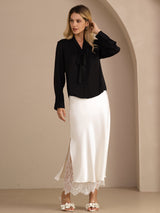 [Musta] SilkSilky-FI Long Sleeve Tie Neck Naisten Puserot 007