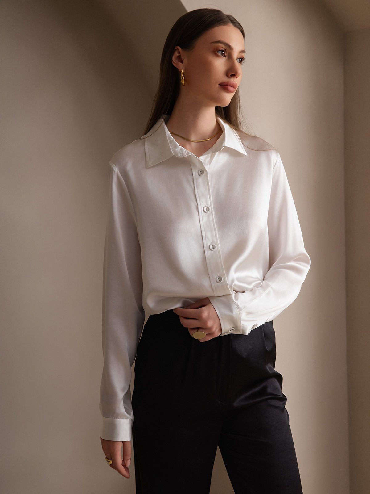 [Valkoinen] SilkSilky-FI 19Momme Silk Long Sleeve Collar Naisten paita 006