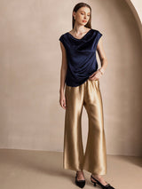[Tummansininen] SilkSilky-FI Cap Sleeve Cowl Neck Naisten T-paita 007