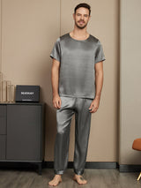 [Tumman Harmaa] SilkSilky-FI Pure Silk Short Sleeve Round Neck Miesten Pyjamat 003