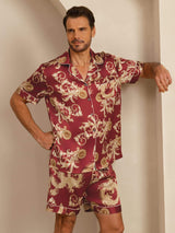 [Viininpunainen Lohikäärme] SilkSilky-FI Short Sleeve Notkokaulus Miesten Pyjamat 003