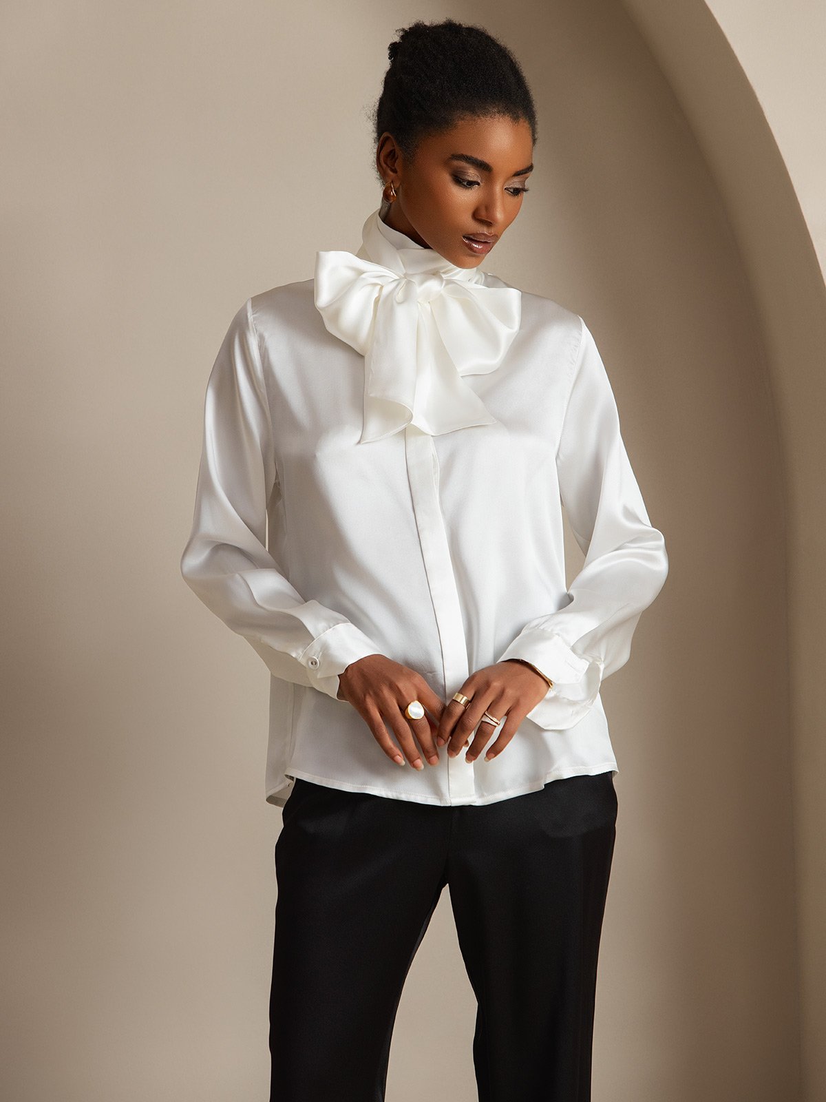 [Valkoinen] SilkSilky-FI 19Momme Womens Shirt 001