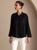 [Musta] SilkSilky-FI Long Sleeve Lapel Collar Pusero 003