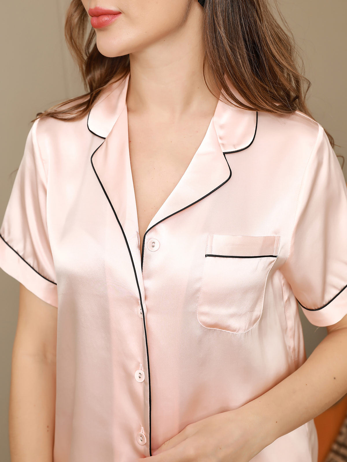 [Pinkki] SilkSilky-FI Pure Silk Short Sleeve Lapel Naisten Pyjamat 008