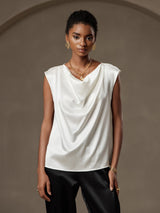 [Valkoinen] SilkSilky-FI Cap Sleeve Cowl Neck Naisten T-paita 001
