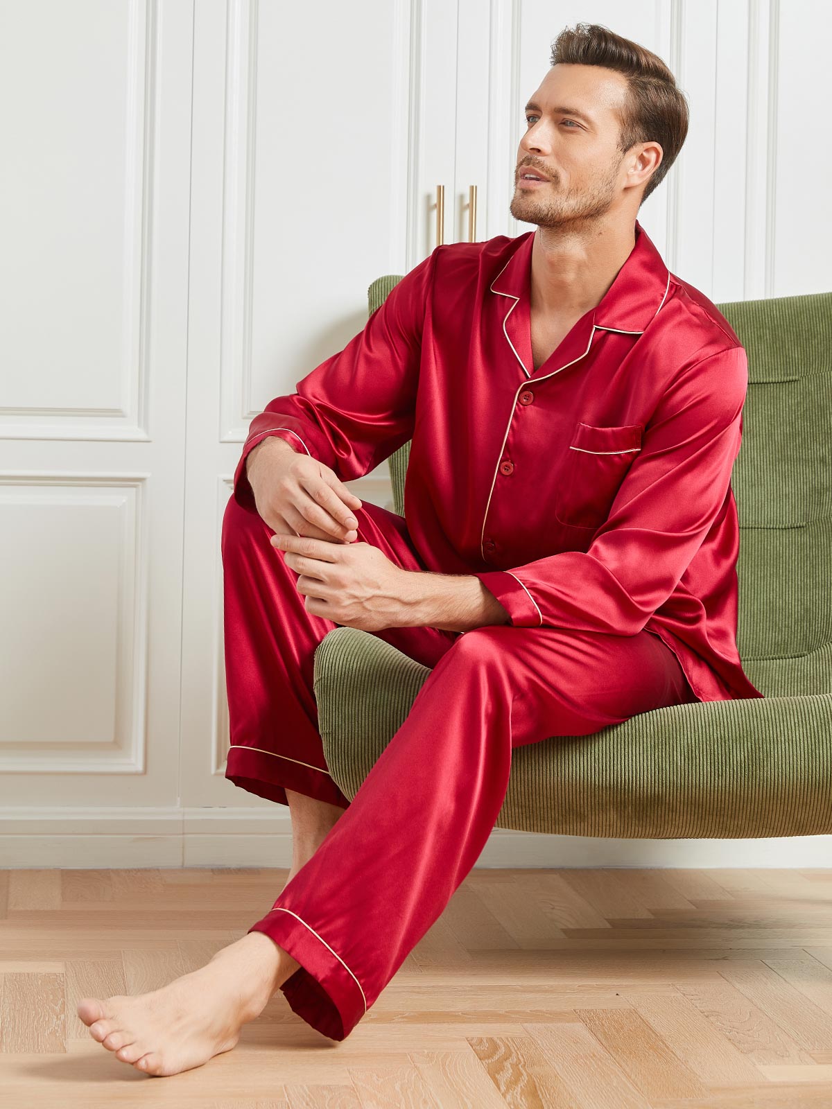[Punainen] SilkSilky-FI 19Momme Mens Pajamas 004