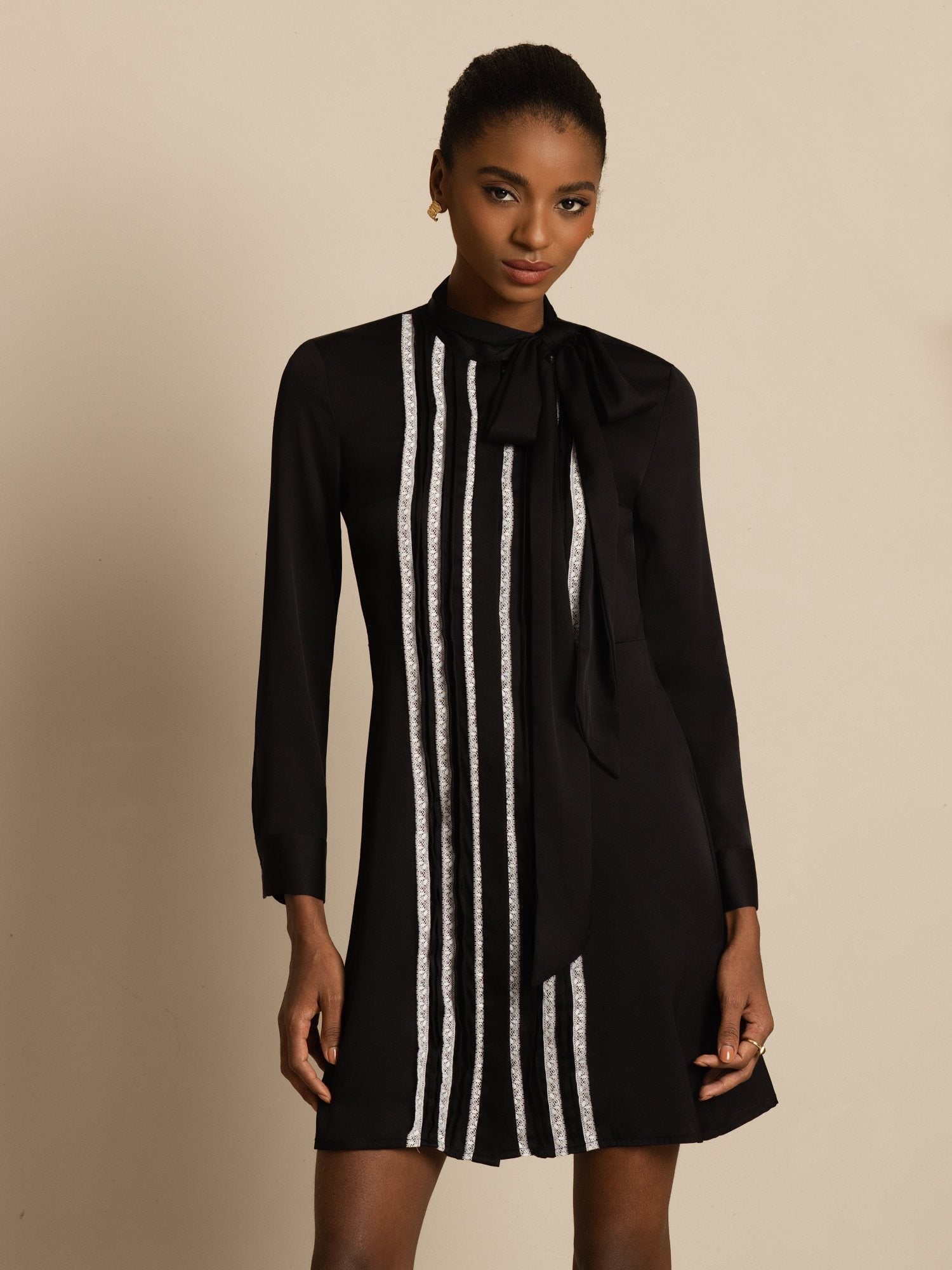 [Musta] SilkSilky-FI 19Momme Silkki Pitkähihainen Solmukaulus Mekko 003