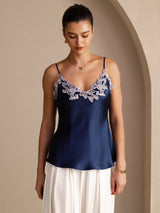 [Tummansininen] SilkSilky-FI Spaghetti Strap V Neck Camisole Top 001