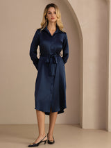 [Tummansininen] SilkSilky-FI Long Sleeve Lapel Collar Mekko 006