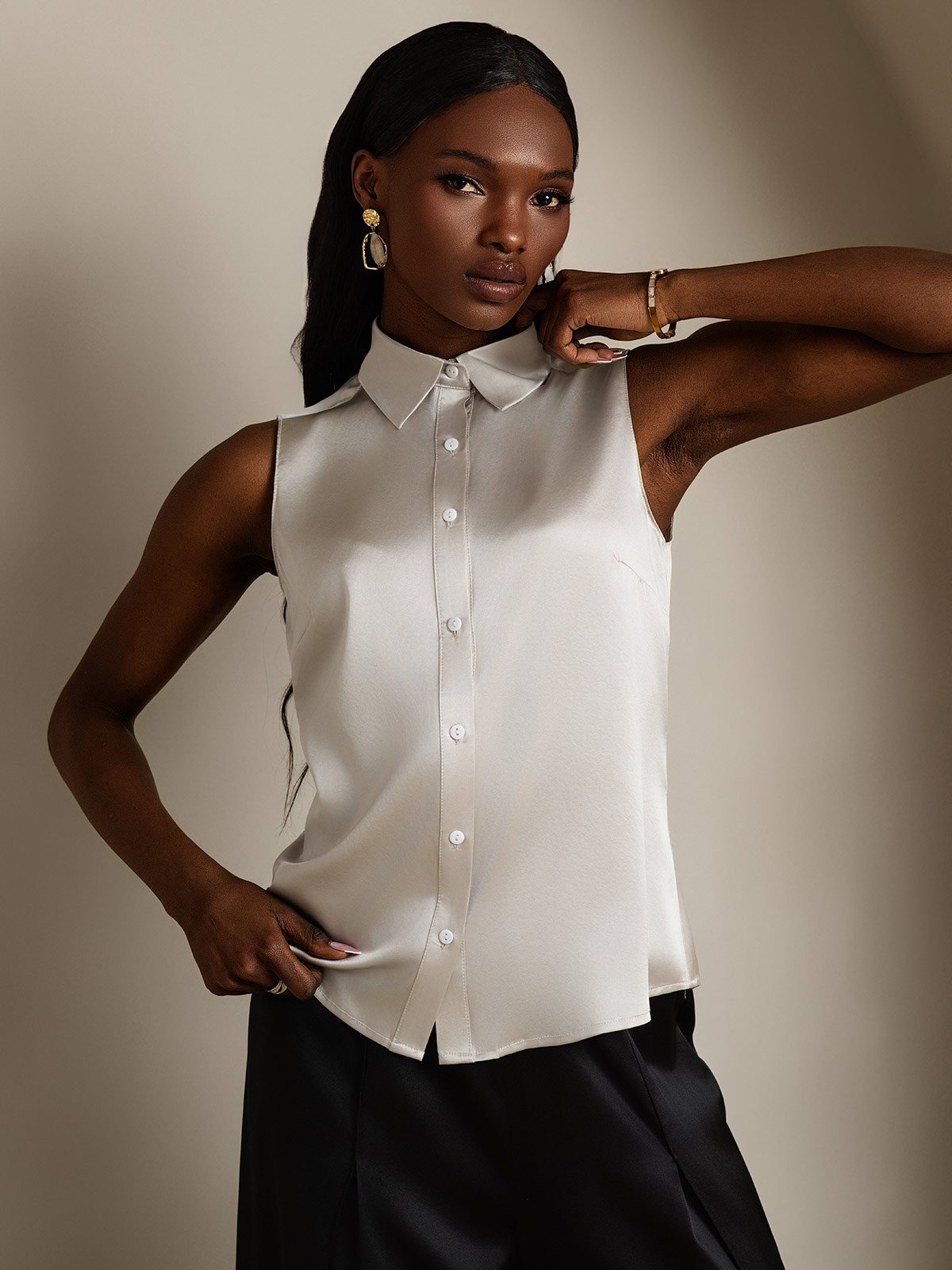 SilkSilky-FI 19Momme Womens Shirt VaaleanHarmaa 004