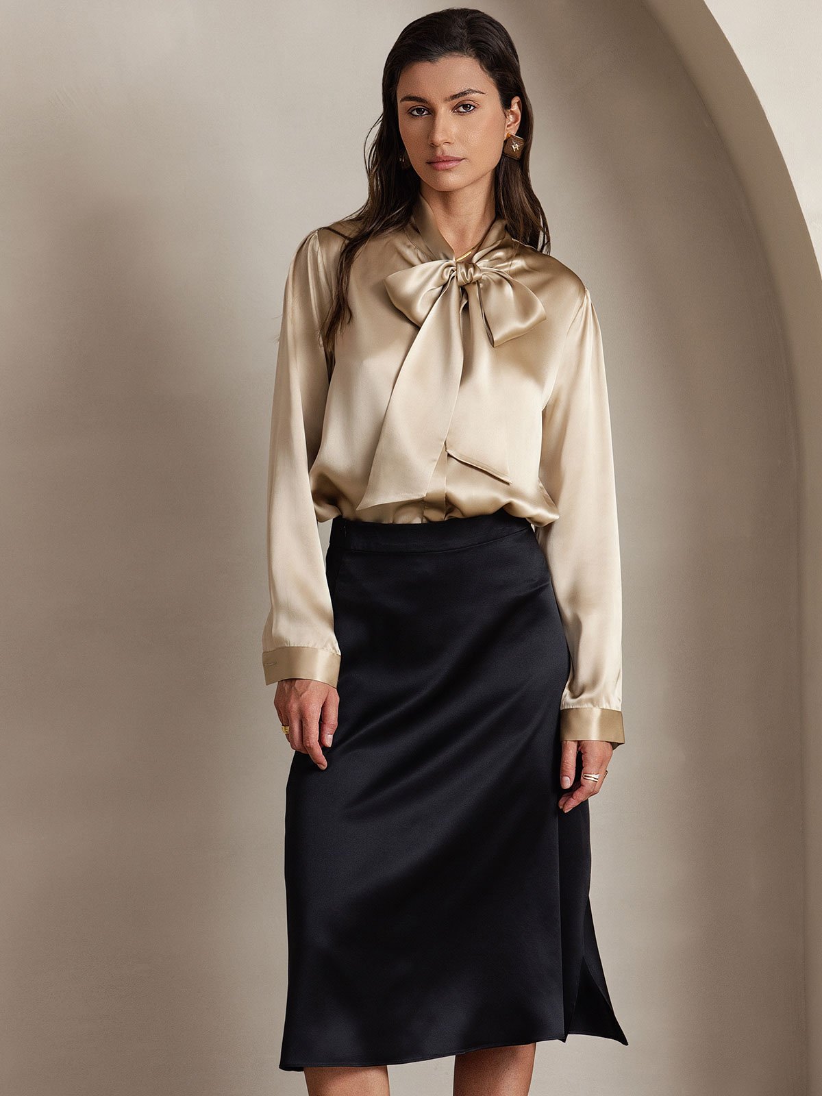 [Samppanja] SilkSilky-FI 19Momme Silk Long Sleeve Tie Neck Naisten paita 004