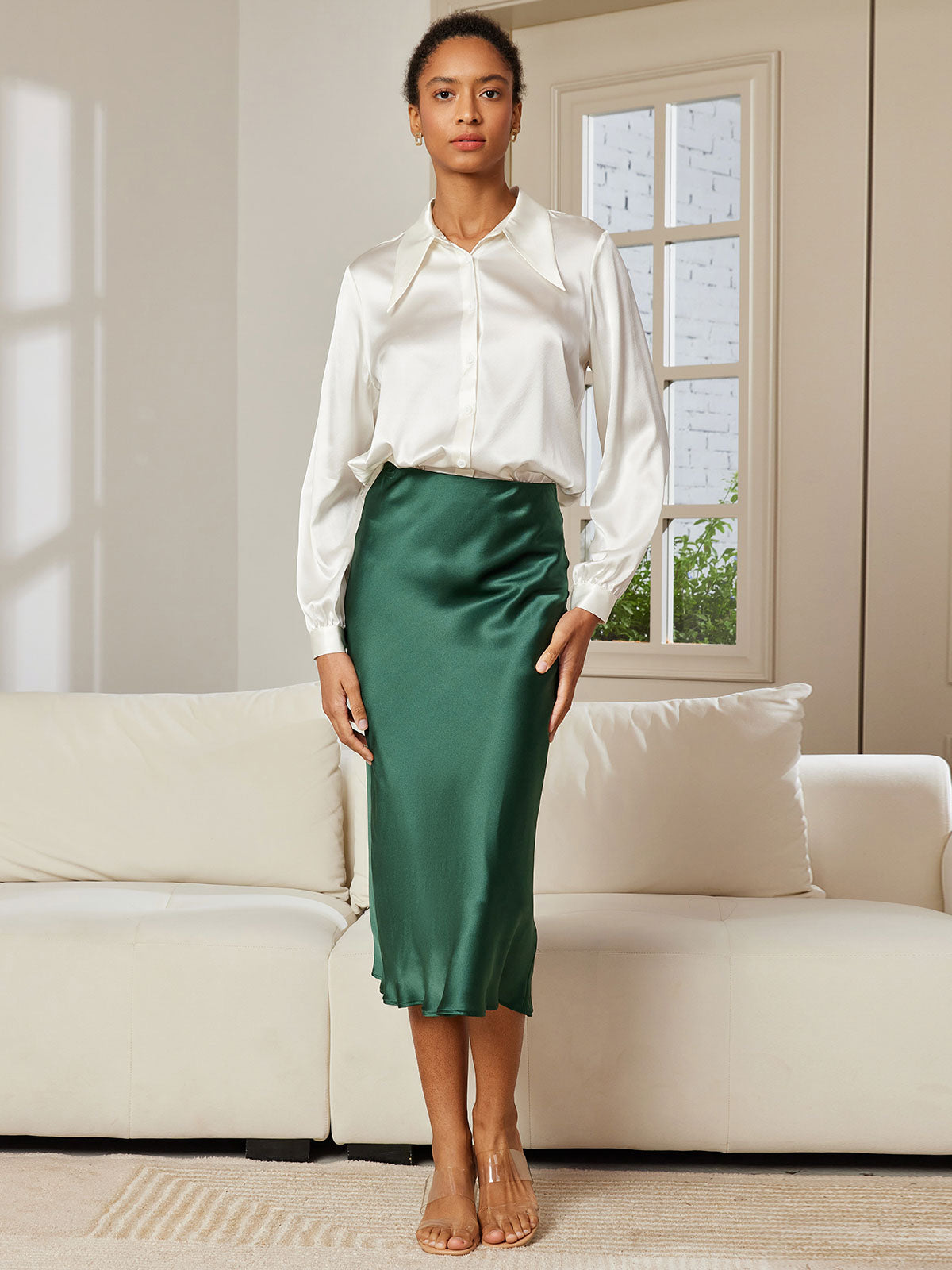 [Tummanvihreä] SilkSilky-FI 19Momme Pure Silk Skirt 005